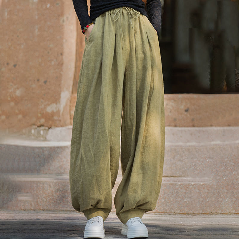 Casual Plain Loose Waist Tie Rope Women's Ramie Cotton Pants With Pockets