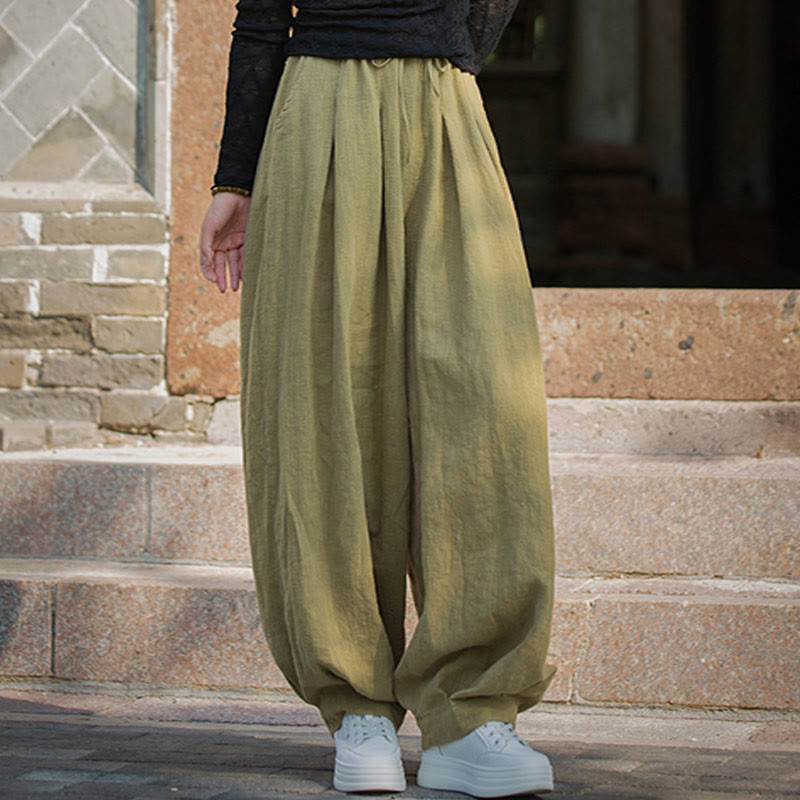 Casual Plain Loose Waist Tie Rope Women's Ramie Cotton Pants With Pockets