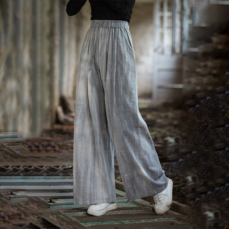 Casual Plain Loose Handmade Tie-Dye Women's Ramie Cotton Wide Leg Pants With Pockets