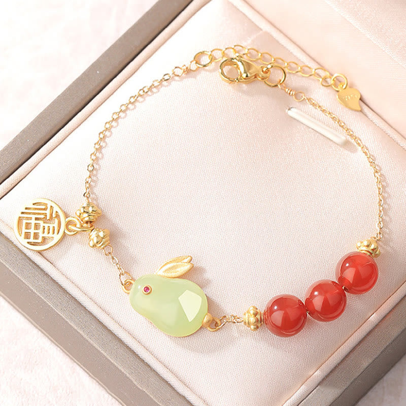Red Agate & Hetian Jade Rabbit Fu Ping An Kou Beaded Chain Bracelet