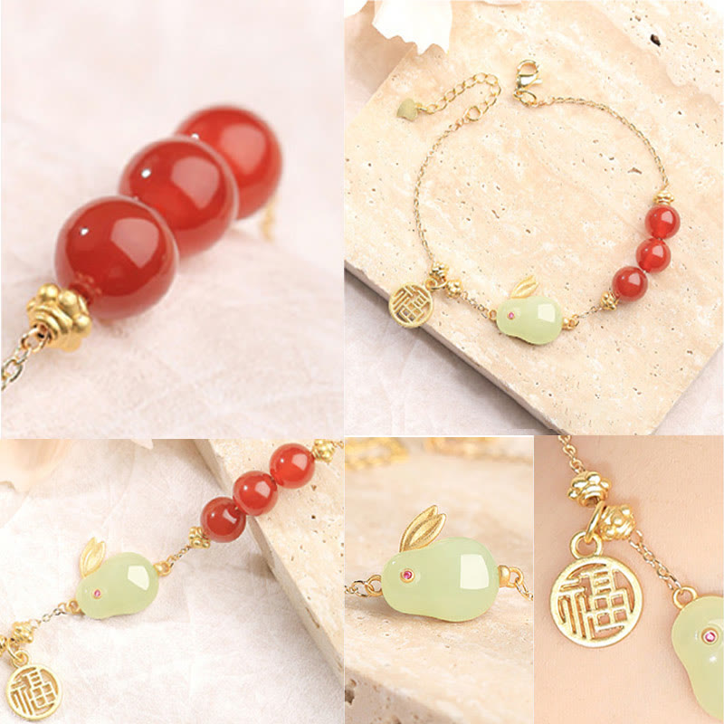 Red Agate & Hetian Jade Rabbit Fu Ping An Kou Beaded Chain Bracelet
