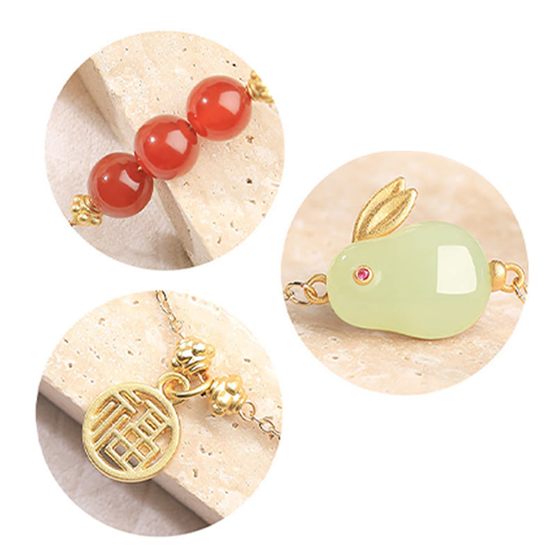 Red Agate & Hetian Jade Rabbit Fu Ping An Kou Beaded Chain Bracelet