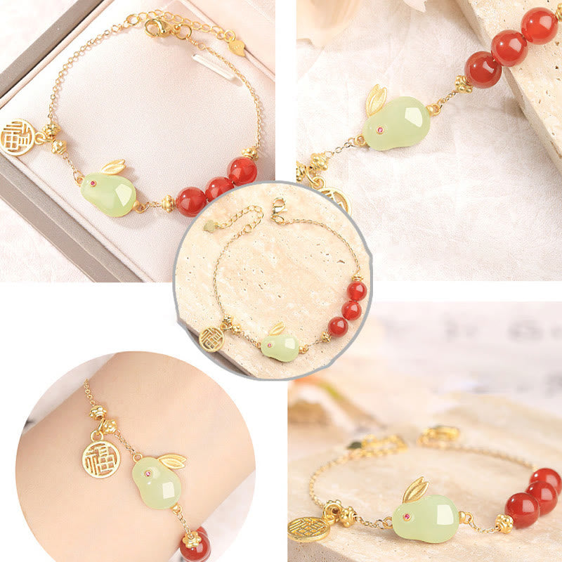 Red Agate & Hetian Jade Rabbit Fu Ping An Kou Beaded Chain Bracelet