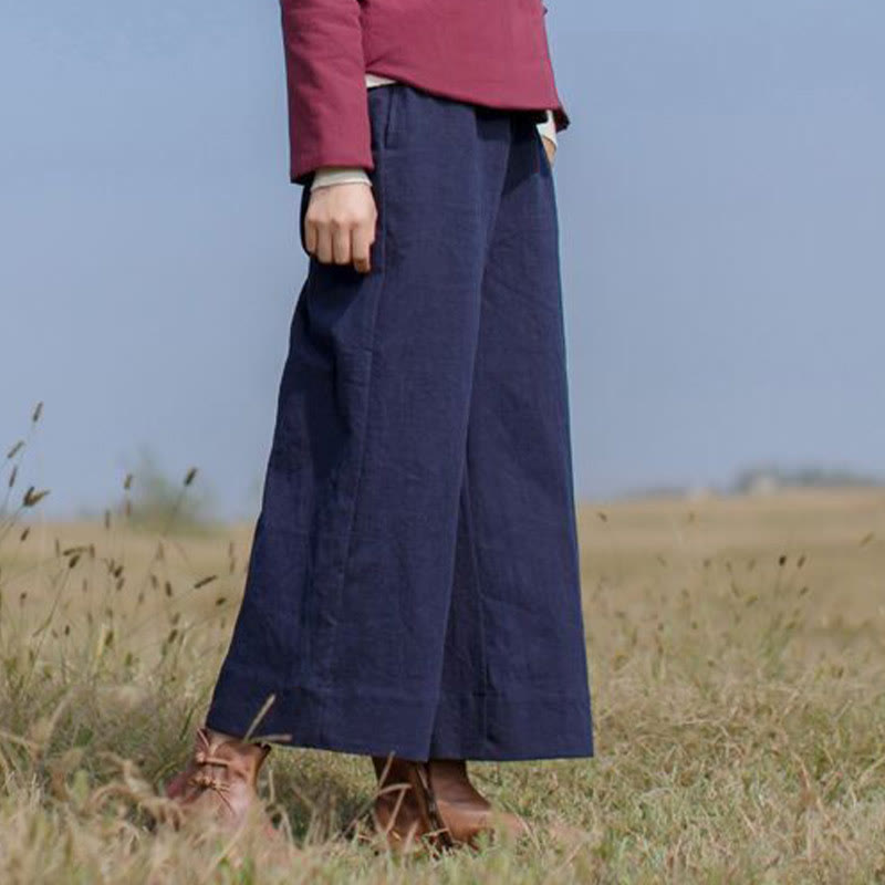 Casual Plain Loose Women's Ramie Wide Leg Pants With Pockets