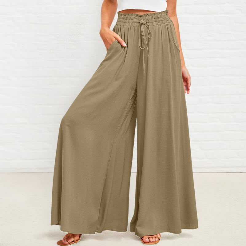 Casual High Elastic Waist Plain Loose Women's Polyester Wide Leg Pants With Pockets