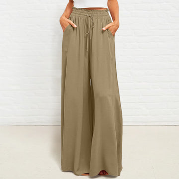 Casual High Elastic Waist Plain Loose Women's Polyester Wide Leg Pants With Pockets