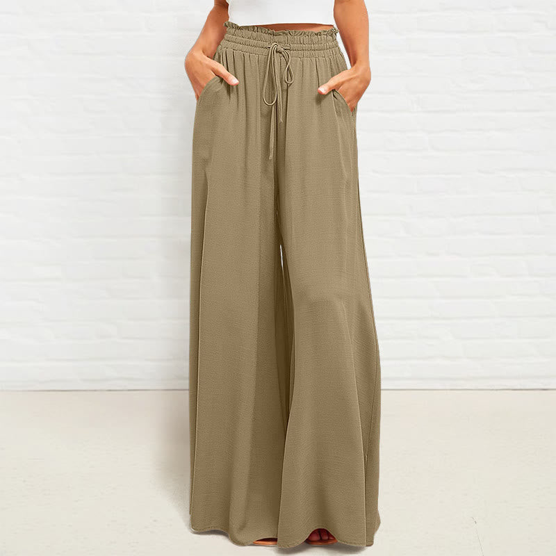 Casual High Elastic Waist Plain Loose Women's Polyester Wide Leg Pants With Pockets