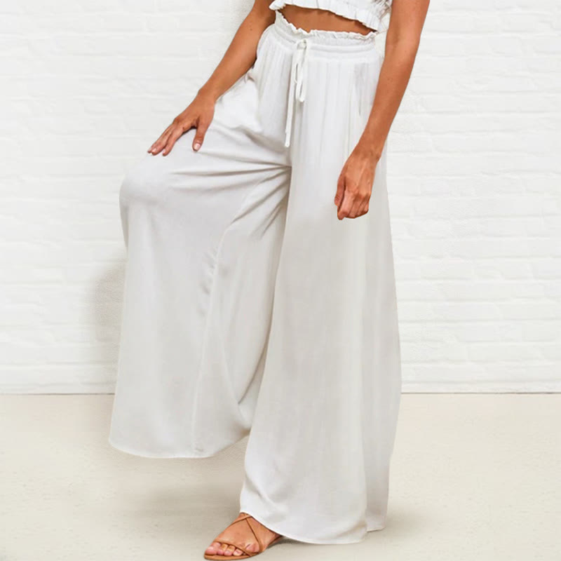 Casual High Elastic Waist Plain Loose Women's Polyester Wide Leg Pants With Pockets