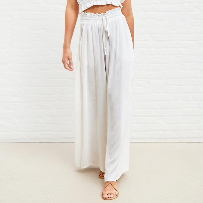 Casual High Elastic Waist Plain Loose Women's Polyester Wide Leg Pants With Pockets