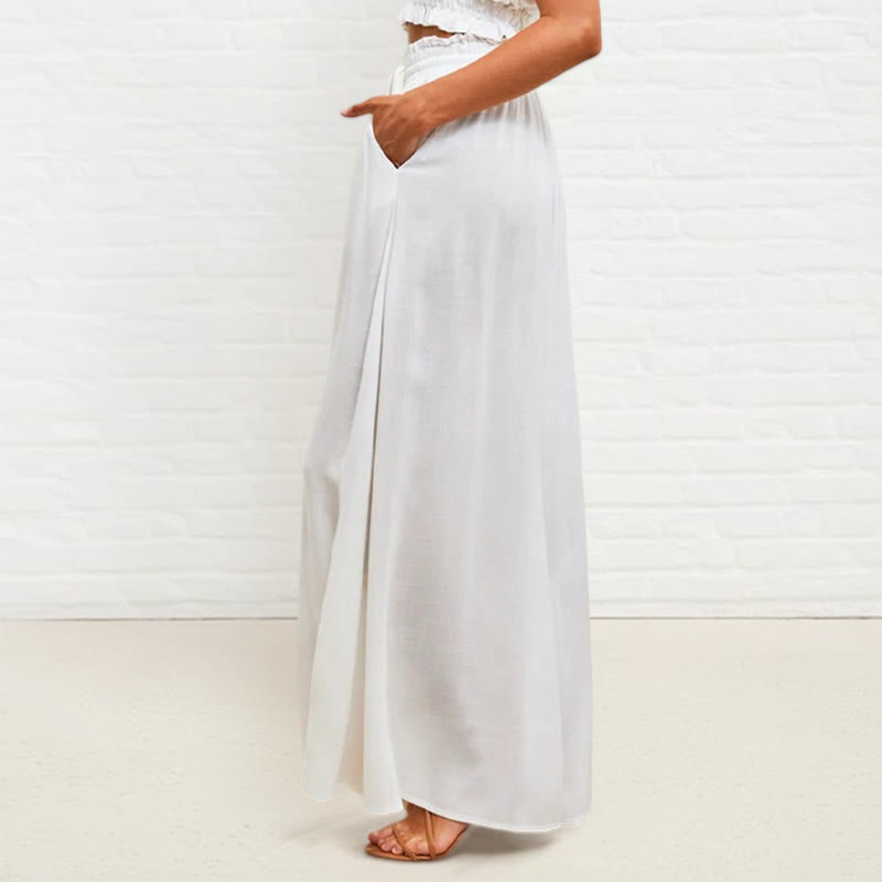 Casual High Elastic Waist Plain Loose Women's Polyester Wide Leg Pants With Pockets