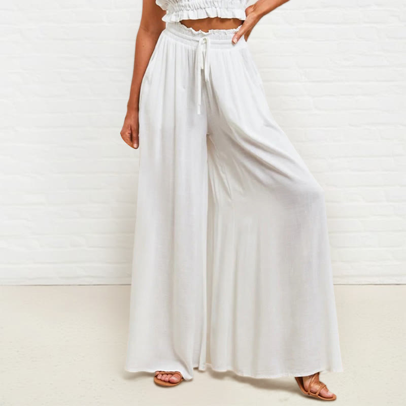 Casual High Elastic Waist Plain Loose Women's Polyester Wide Leg Pants With Pockets