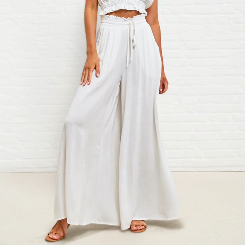 Casual High Elastic Waist Plain Loose Women's Polyester Wide Leg Pants With Pockets