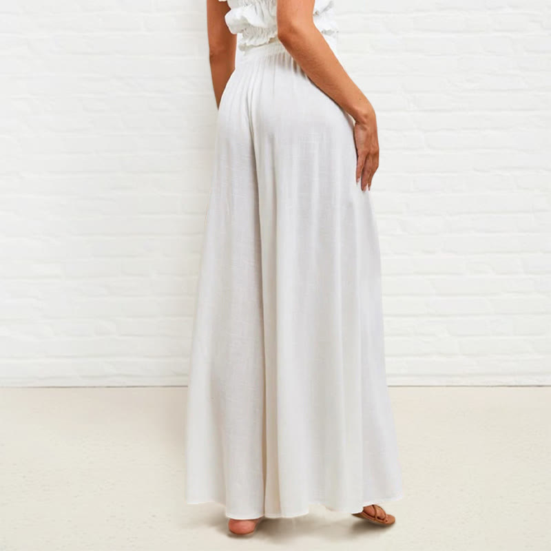 Casual High Elastic Waist Plain Loose Women's Polyester Wide Leg Pants With Pockets