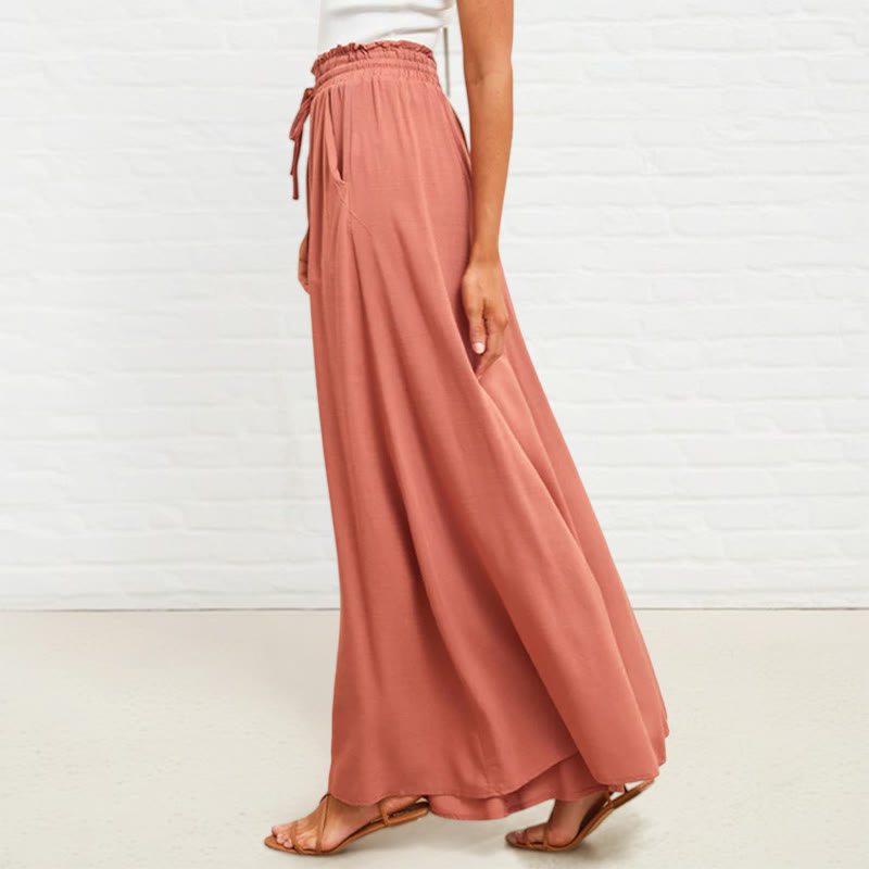 Casual High Elastic Waist Plain Loose Women's Polyester Wide Leg Pants With Pockets