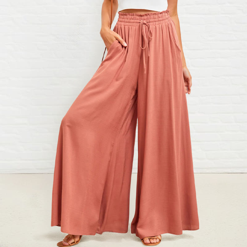 Casual High Elastic Waist Plain Loose Women's Polyester Wide Leg Pants With Pockets