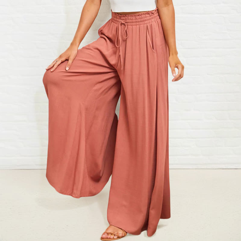 Casual High Elastic Waist Plain Loose Women's Polyester Wide Leg Pants With Pockets