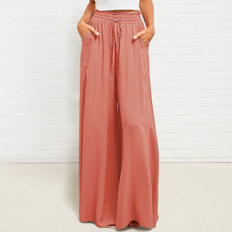 Casual High Elastic Waist Plain Loose Women's Polyester Wide Leg Pants With Pockets