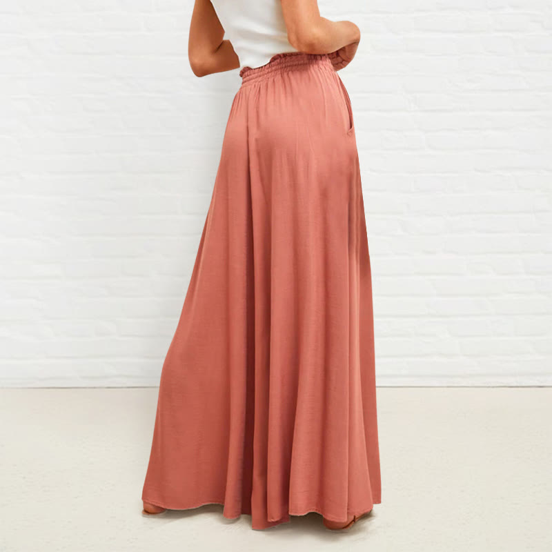 Casual High Elastic Waist Plain Loose Women's Polyester Wide Leg Pants With Pockets