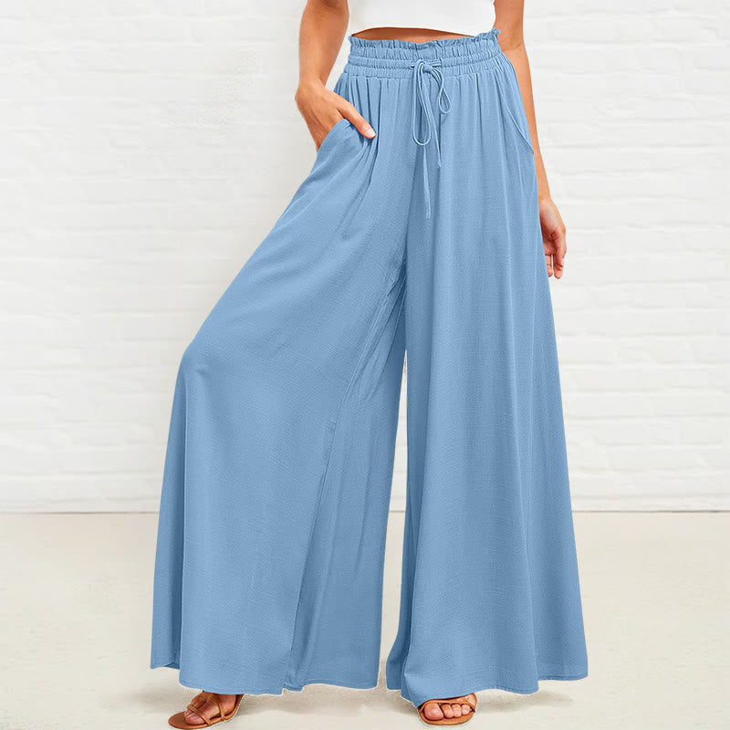 Casual High Elastic Waist Plain Loose Women's Polyester Wide Leg Pants With Pockets