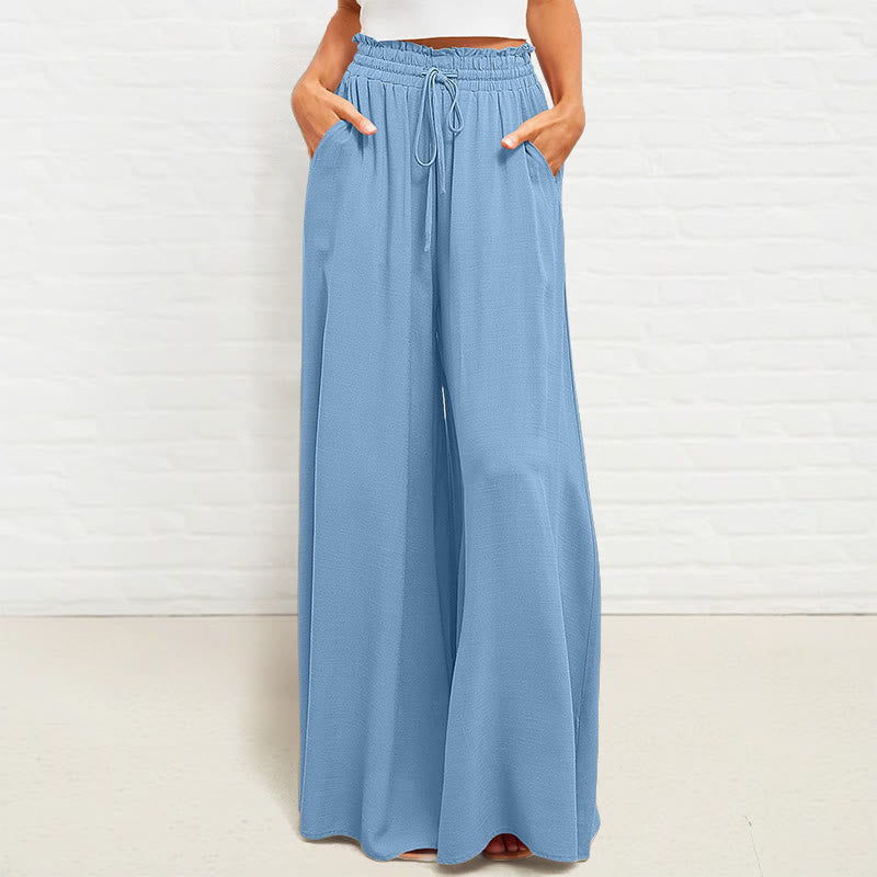 Casual High Elastic Waist Plain Loose Women's Polyester Wide Leg Pants With Pockets