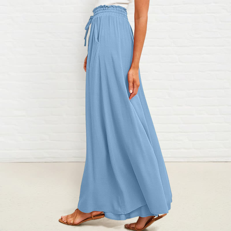 Casual High Elastic Waist Plain Loose Women's Polyester Wide Leg Pants With Pockets