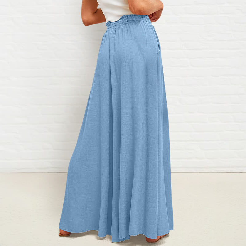 Casual High Elastic Waist Plain Loose Women's Polyester Wide Leg Pants With Pockets
