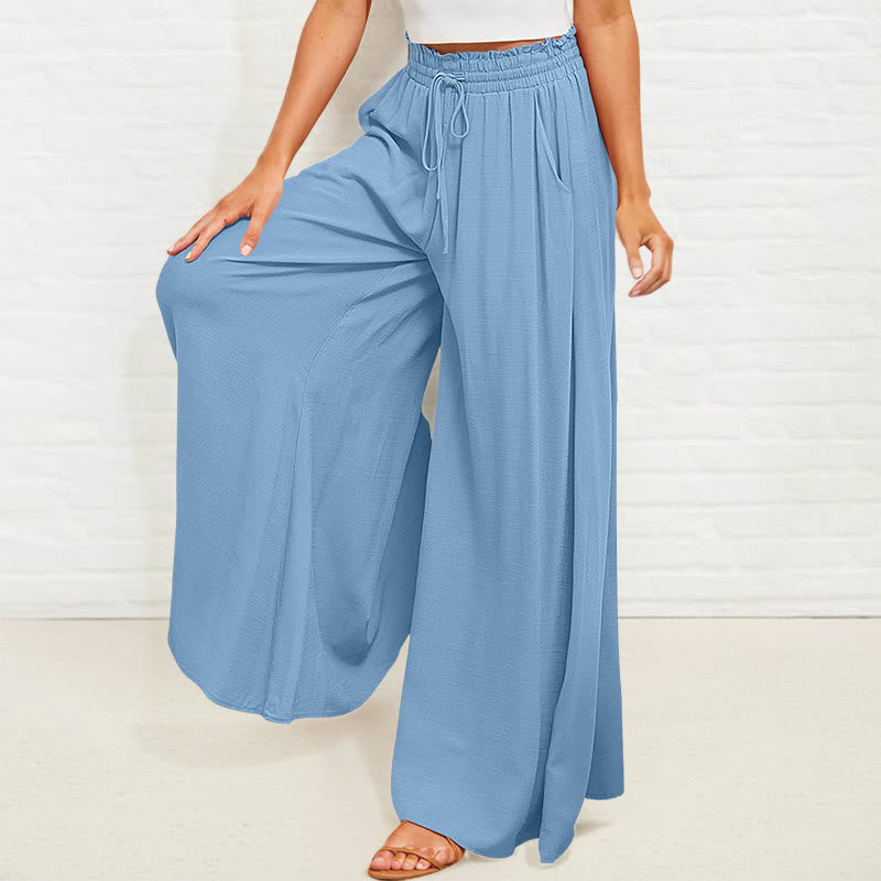 Casual High Elastic Waist Plain Loose Women's Polyester Wide Leg Pants With Pockets