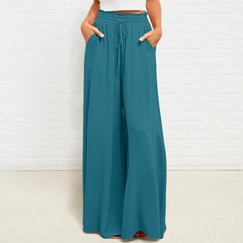 Casual High Elastic Waist Plain Loose Women's Polyester Wide Leg Pants With Pockets
