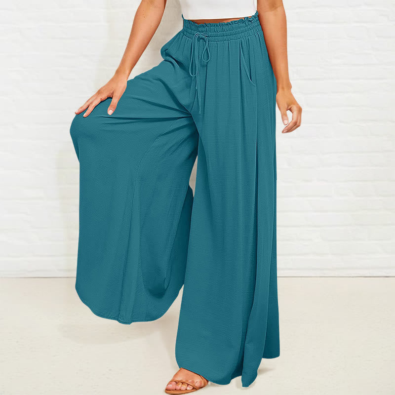 Casual High Elastic Waist Plain Loose Women's Polyester Wide Leg Pants With Pockets
