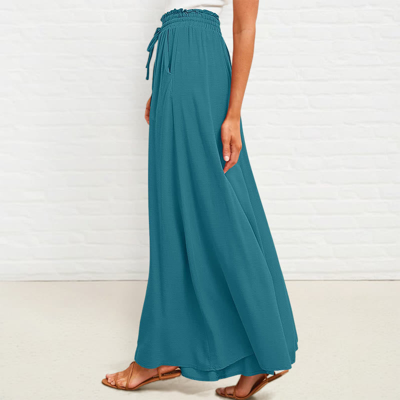 Casual High Elastic Waist Plain Loose Women's Polyester Wide Leg Pants With Pockets