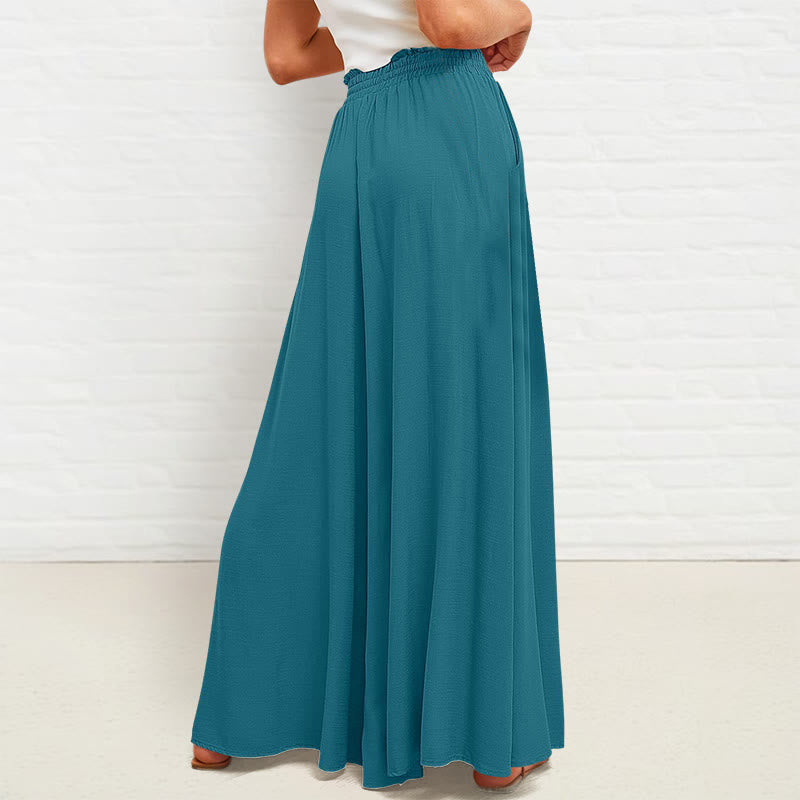 Casual High Elastic Waist Plain Loose Women's Polyester Wide Leg Pants With Pockets