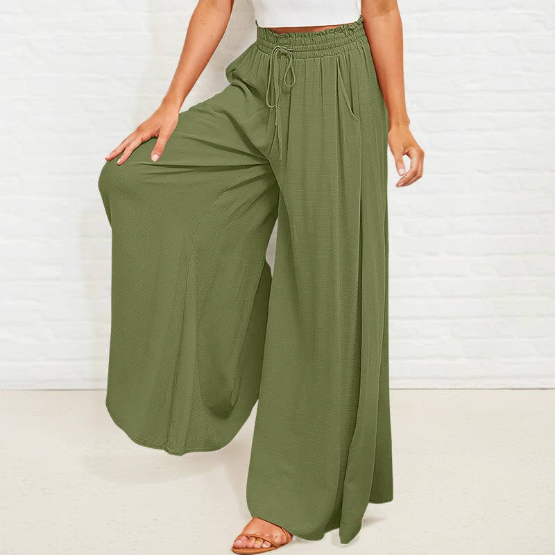 Casual High Elastic Waist Plain Loose Women's Polyester Wide Leg Pants With Pockets
