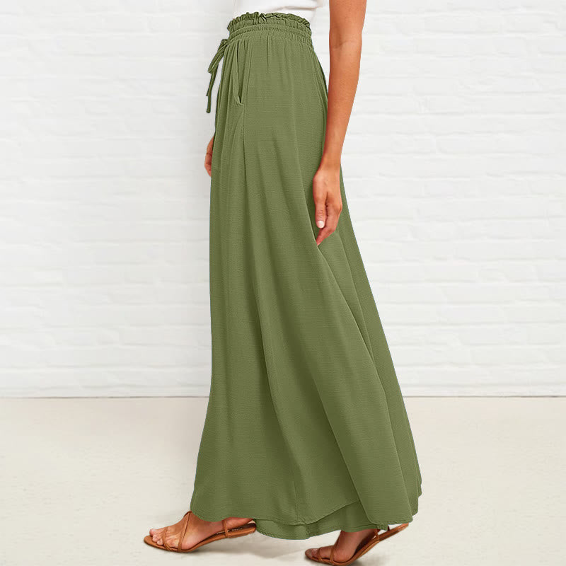 Casual High Elastic Waist Plain Loose Women's Polyester Wide Leg Pants With Pockets