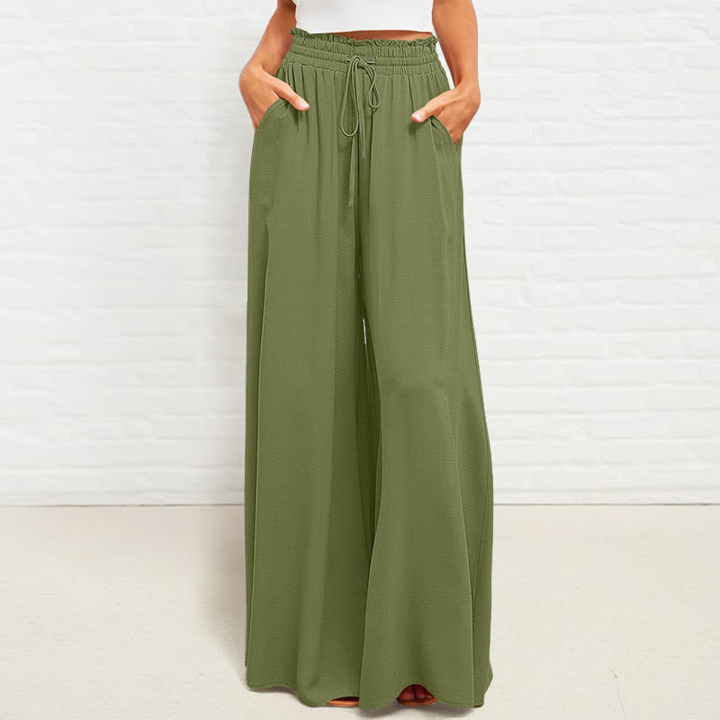 Casual High Elastic Waist Plain Loose Women's Polyester Wide Leg Pants With Pockets