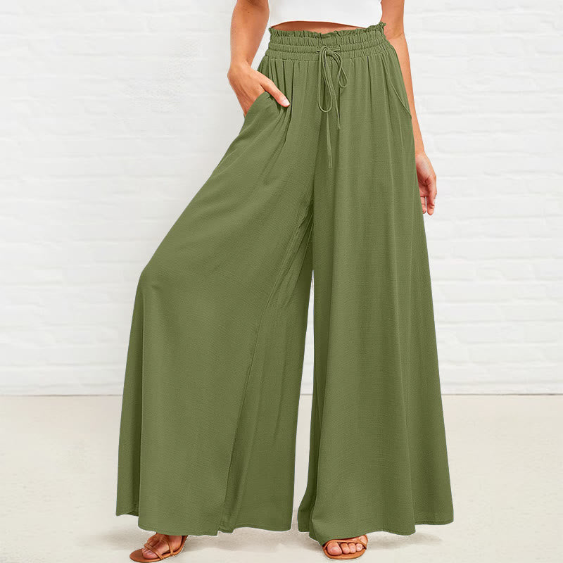 Casual High Elastic Waist Plain Loose Women's Polyester Wide Leg Pants With Pockets