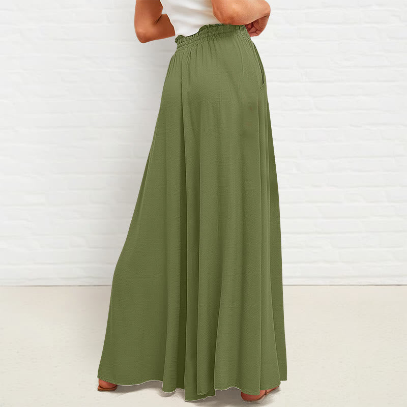 Casual High Elastic Waist Plain Loose Women's Polyester Wide Leg Pants With Pockets