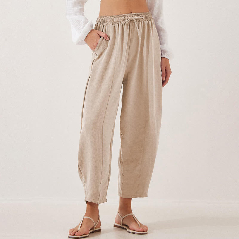 Casual Plain Loose Drawstring Women's Polyester 7/8 Length Pants With Pockets