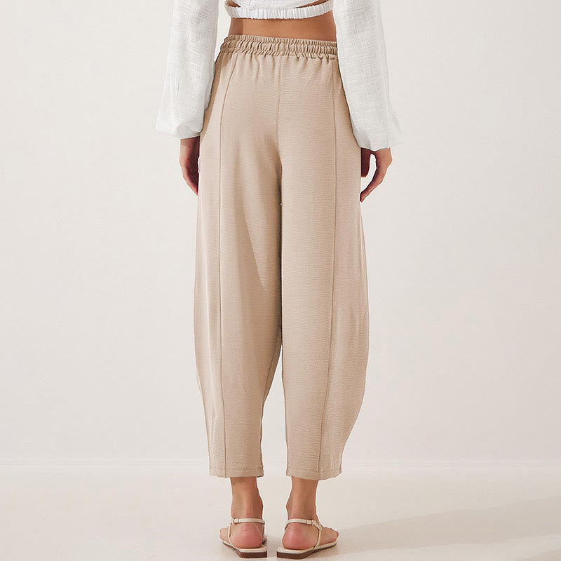 Casual Plain Loose Drawstring Women's Polyester 7/8 Length Pants With Pockets