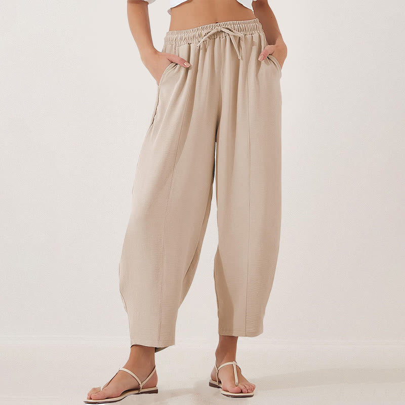 Casual Plain Loose Drawstring Women's Polyester 7/8 Length Pants With Pockets