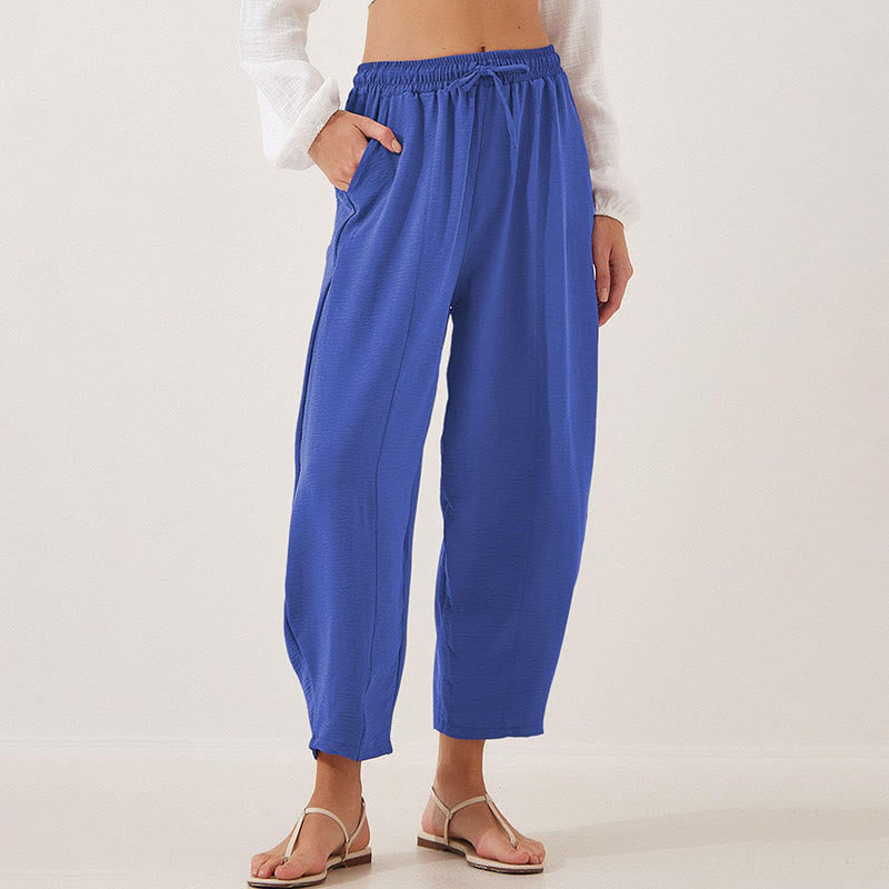 Casual Plain Loose Drawstring Women's Polyester 7/8 Length Pants With Pockets