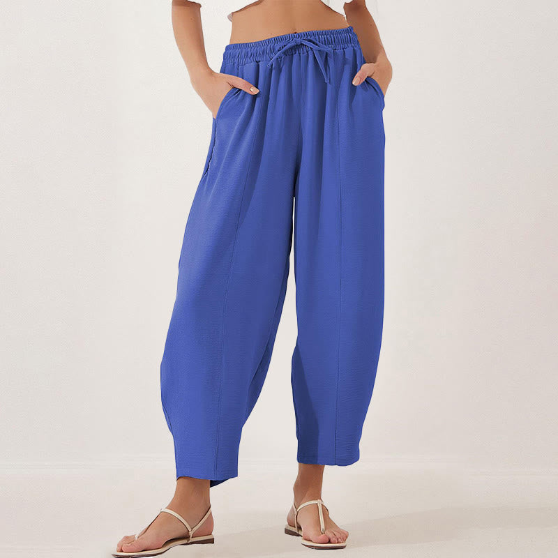 Casual Plain Loose Drawstring Women's Polyester 7/8 Length Pants With Pockets
