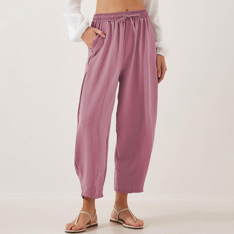 Casual Plain Loose Drawstring Women's Polyester 7/8 Length Pants With Pockets