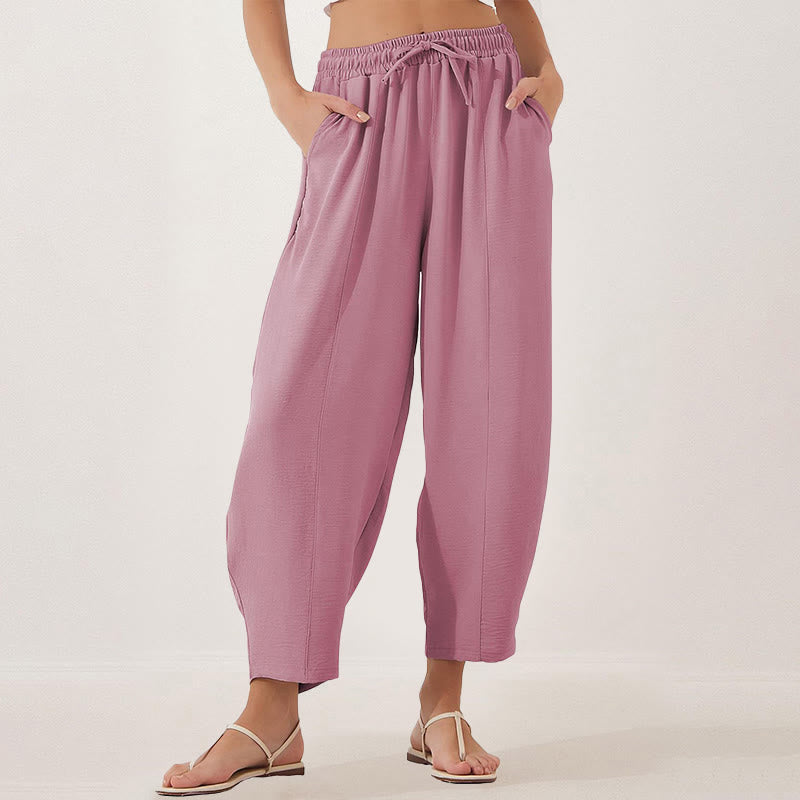 Casual Plain Loose Drawstring Women's Polyester 7/8 Length Pants With Pockets