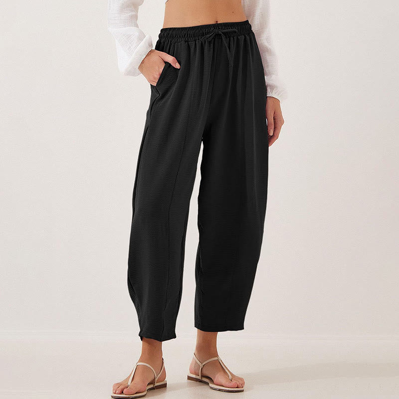 Casual Plain Loose Drawstring Women's Polyester 7/8 Length Pants With Pockets