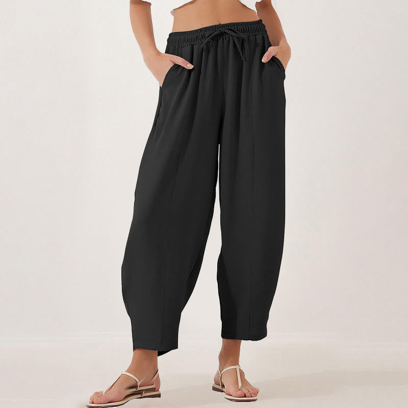 Casual Plain Loose Drawstring Women's Polyester 7/8 Length Pants With Pockets