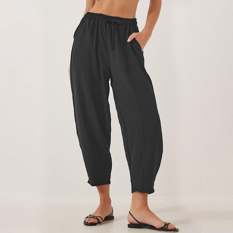 Casual Plain Loose Drawstring Women's Polyester 7/8 Length Pants With Pockets
