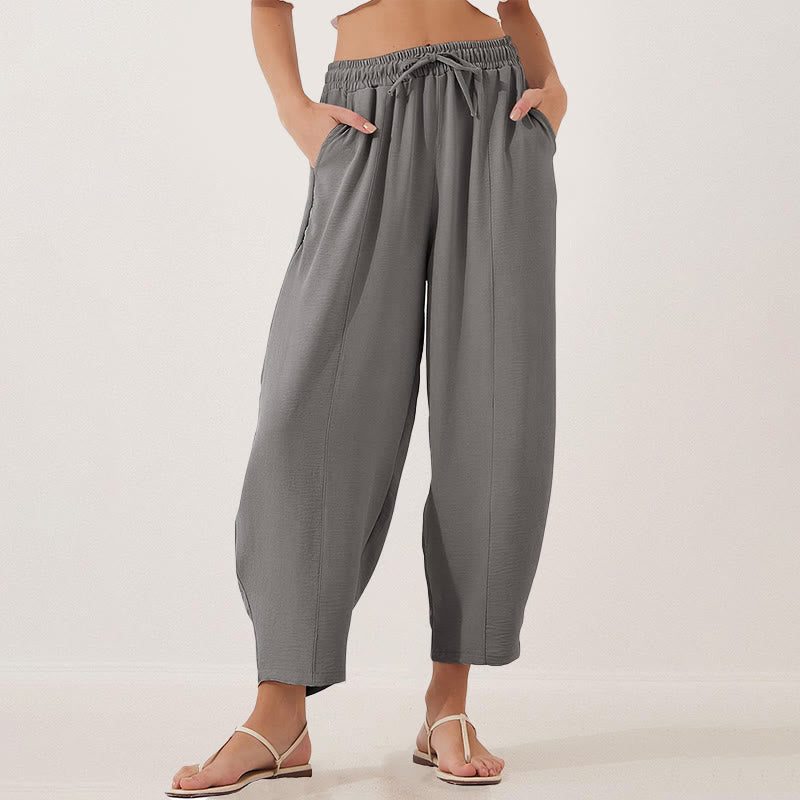 Casual Plain Loose Drawstring Women's Polyester 7/8 Length Pants With Pockets
