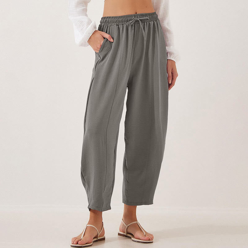 Casual Plain Loose Drawstring Women's Polyester 7/8 Length Pants With Pockets
