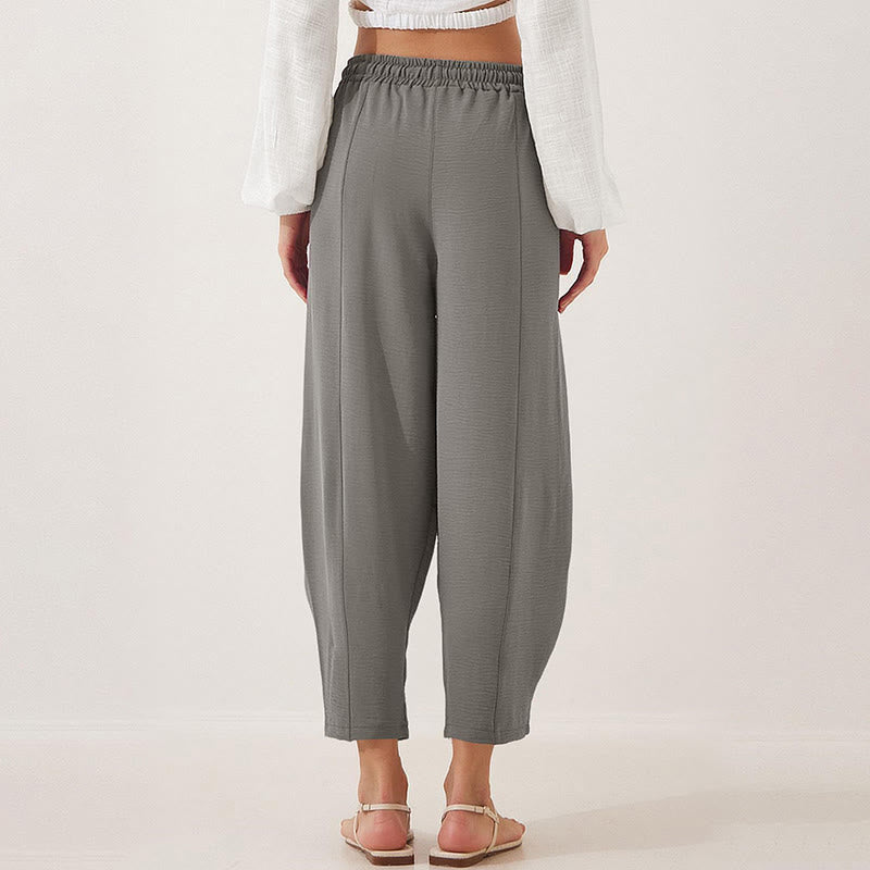 Casual Plain Loose Drawstring Women's Polyester 7/8 Length Pants With Pockets