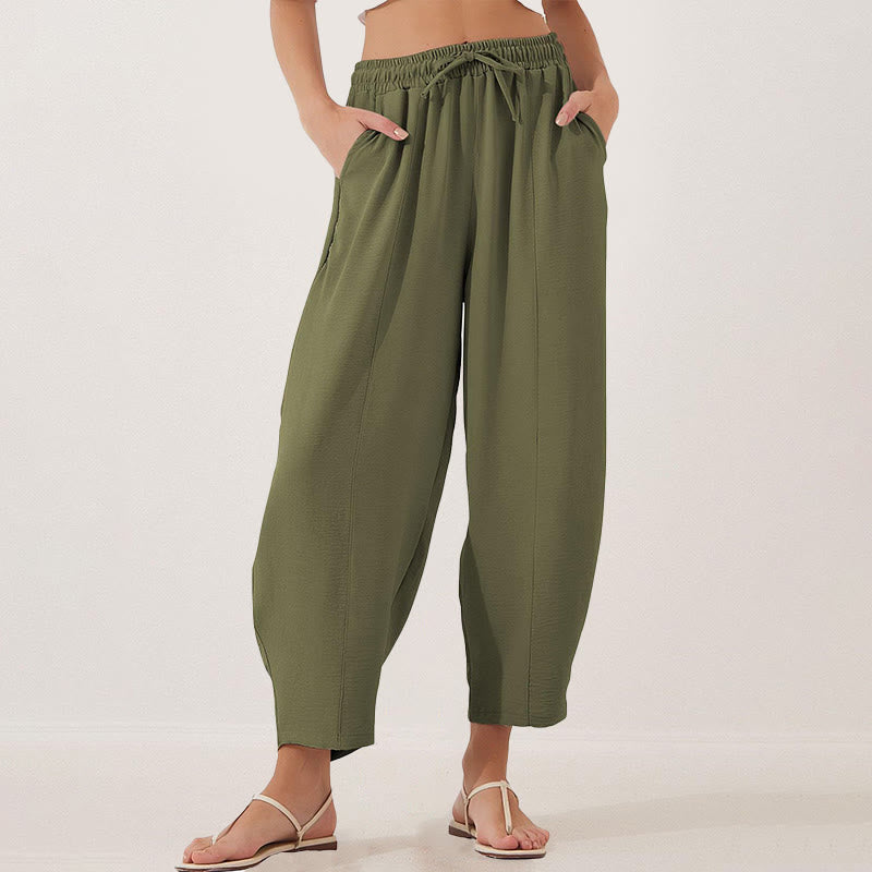 Casual Plain Loose Drawstring Women's Polyester 7/8 Length Pants With Pockets
